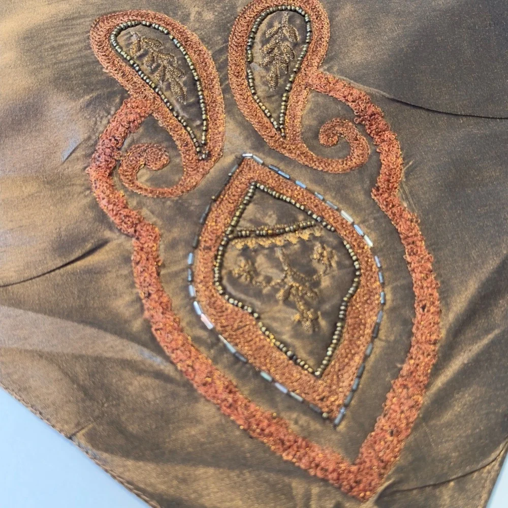Bronze Beaded Embroidered Table Runner Paisley Copper Tassels India 72x12.5